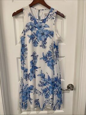 Calvin Klein White Mini Dress with Blue Floral Pattern